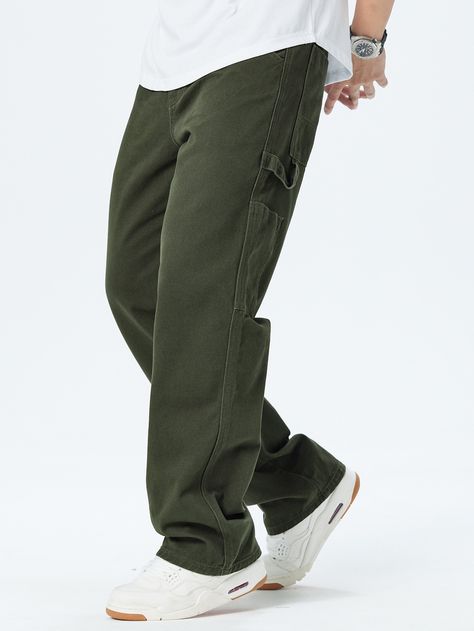 Army Green    Denim Plain Straight Leg Embellished Non-Stretch  Men Denim Green Jeans Outfit Men, Green Baggy Jeans, Green Jeans Outfit, Outfits For Teenage Guys, Baggy Pants Outfit, Green Pants Outfit, Dress Body Type, Hype Men, Winter Pants Outfit