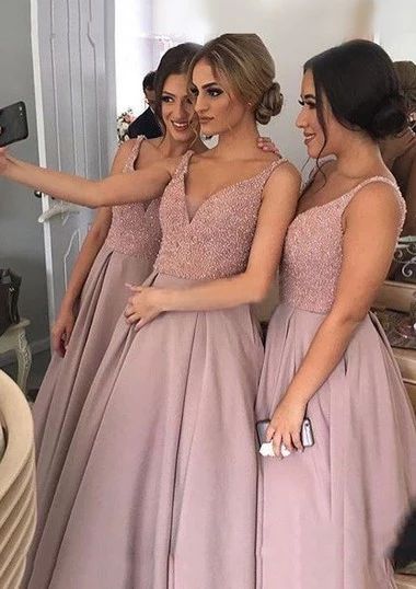 A-line Sleeveless V-neck Sweep Train Sequins Bridesmaid Dresses with P – Angrila Beige Bridesmaid Dress, Blush Bridesmaid Dress, Beige Bridesmaids, Bridesmaid Dresses 2017, Evening Dress Beaded, Bridesmaid Dresses 2018, Dusty Rose Bridesmaid Dresses, Rose Bridesmaid Dresses, Blush Bridesmaids