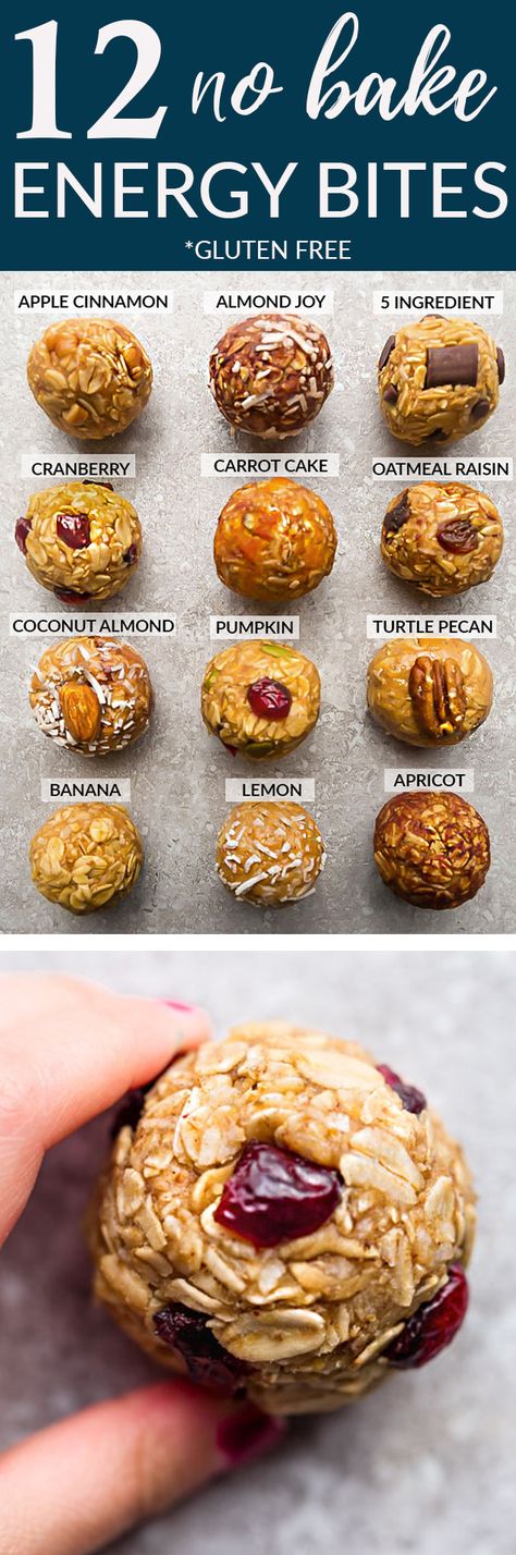 No Bake Energy Bites 12 Different Ways - the perfect easy, healthy & tasty gluten free snacks for on the go or after a workout! Best of all, most recipes for these delicious energy balls are refined sugar free & simple to customize. Make ahead for meal prep to pack for school or work lunchboxes. Flavors: 5 Ingredient, Almond Joy, Apple Cinnamon, Apricot, Banana, Carrot Cake, Coconut Almond Butter, Cranberry, Lemon, Mocha, Oatmeal Raisin, Pumpkin & Turtle Pecan. #energybites #glutenfree #snack Lighter Desserts, Resep Vegan, No Bake Energy, Healthy No Bake, No Bake Energy Bites, Treats Recipes, Healthier Food, Snack Foods, Awesome Recipes