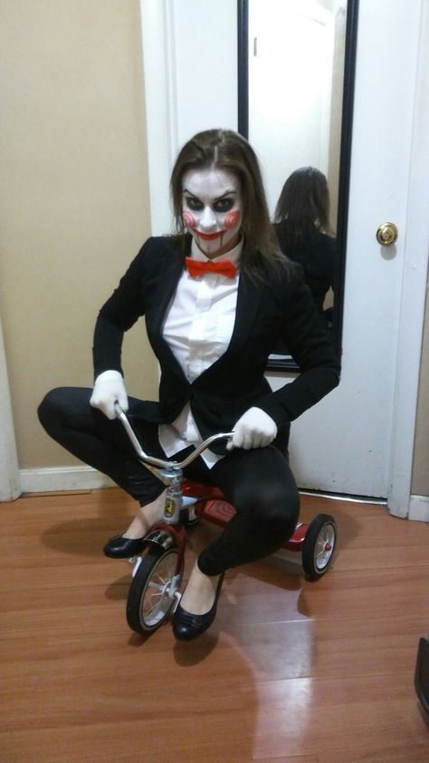 Jigsaw Billy the Puppet costume Make-up Saw Woman Costume, Slappy Halloween Costume, Billy Jigsaw Costume, Saw Puppet Costume, Billy The Puppet Costume Female, Saw Fancy Dress, Billy Saw Costume, Female Jigsaw Costume, Billy The Puppet Costume