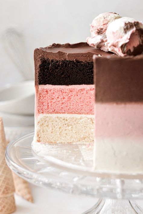 8 Inch Layer Cake, Neapolitan Desserts, Layered Cake Ideas, Planet Chocolate, Layered Cake Recipe, Napoleon Recipe, Neopolitan Cake, Three Layer Cake, Sliced Cake