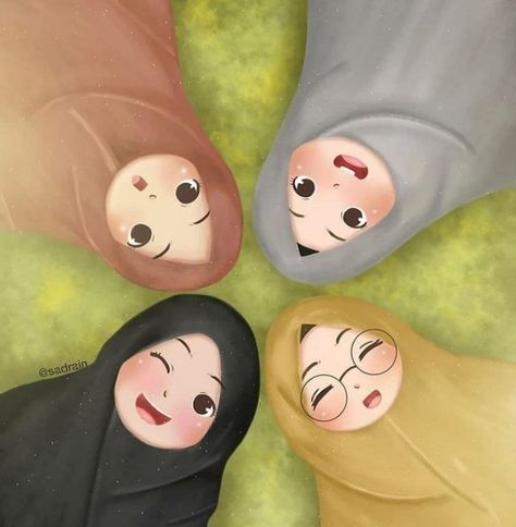 Four Best Friends Aesthetic Cartoon, 4 Cute Friends Cartoon, Best Friend Muslimah Cartoon, 4 Best Friends Cartoon, 4 Friends Illustration, 4 Cartoon Friends, Islamic Friends, Best Friends Cartoon, Friends Illustration