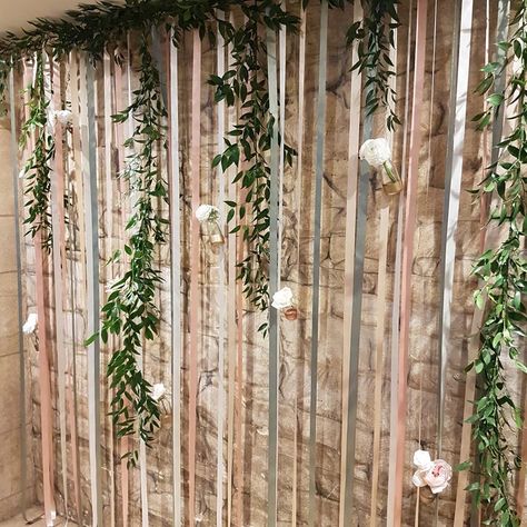 Wedding Ribbon Backdrop, Hanging Bottles, Hanging Foliage, Engagement Party Decorations Diy, Ribbon Backdrop, Head Table Backdrop, Hanging Greenery, Greenery Backdrop, Backdrop For Wedding