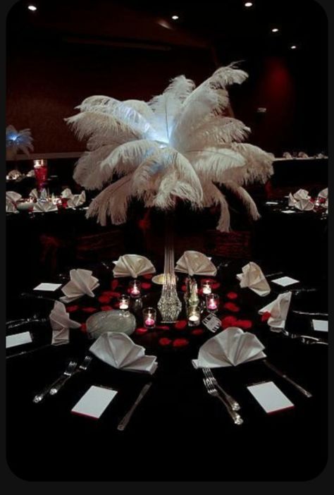 Great Gatsby Prom, Bond Party, James Bond Party, Casino Theme Party, Red Centerpieces, Casino Night Fundraiser, Casino Party Foods, Feather Centerpieces, Prom Themes