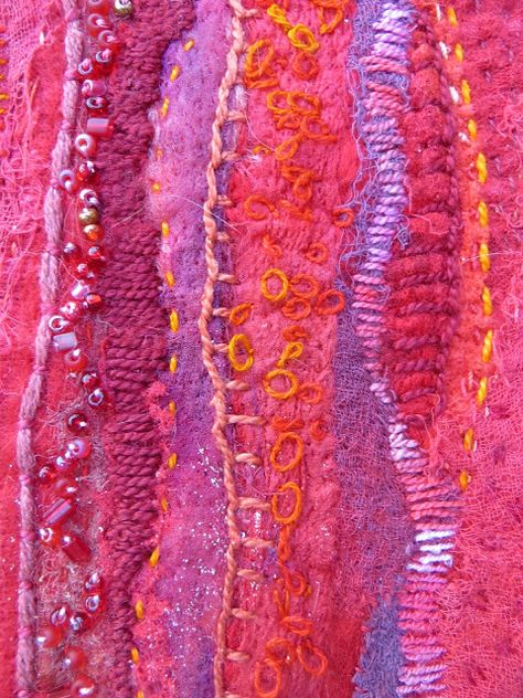 JaneVille - detail "Red"  by Jane LaFazio Yarn Ribbon And Thread, Textile Wall Hangings, Creative Textiles, Textile Fiber Art, Art Quilt, Art Textile, Sashiko, Fabric Art, Art Quilts