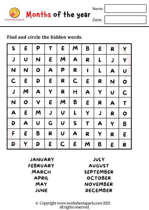 Months of the year worksheets - worksheetspack Work Sheets For 1st Grade English, Year 2 English Worksheets, Learn Months Of The Year, Year 1 English Worksheets, Year 2 Maths Worksheets, Months In English, Phonics Rules, Spelling Worksheets, Hidden Words