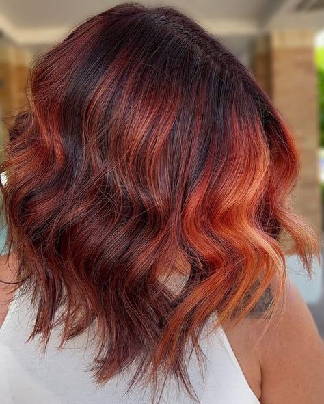 E L A I N E• ILLINOIS BALAYAGE • BRUNETTE SPECIALIST on Instagram: "Cherry BOMB Red 🍒 ….as my friend @blownawayby_kimberly would call it!! This was def a fun transformation! Color formula inspired by @live_love_dohair ! You know her reds are the bomb! Thank you soo much for adding your formulas! @goldwellus #colorancegoldwell Roots + Mids + Depth 4V 5VV Global gloss 7RO 7RR 6KG and Orange Melted 5VV into the global gloss. #goldwellapprovedus #stylistssupportingstylists #indieproawards_b Burnt Orange Hair Color, Black Lob, Deep Auburn Hair, Burnt Orange Hair, Light Auburn Hair Color, Brown Auburn Hair, Color Melting Hair, Auburn Red Hair, Auburn Hair Color