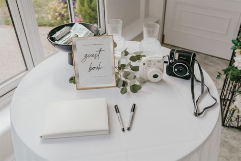 Instax Camera Wedding Guest Books, Wedding Polaroid Guest Book Station, Polaroid Photo Table Wedding, Guest Book Station Wedding, Wedding Reception Polaroid Table, Modern Wedding Guest Book Table, Wedding Guest Polaroid Book, Wedding Photo Corner Decor, Polaroid Camera Station Wedding