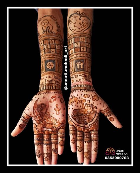 Mehndi Designs For Jalwa Function, Mahendi Designs Baby Shower Mahendi Design, Seemantham Mehandi Designs, Maternity Mehendi Design, Godbharai Mehendi Designs, Vatsavitri Mehndi, Baby Shower Mehandi Designs Latest, Baby Shower Rangoli Designs, Baby Shower Henna Design