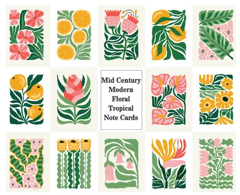 "Mid Century Modern Floral Note Card Set with Envelopes- Tropical Thank You,Blank Card,Floral Cards, Tropical Sticker Option.Clear Gift Boxed We have created a series of MidCentury Modern Abstract notecards. There are stickers available to seal your envelopes. Each set of cards comes with white envelopes.  We have the option to choose 5 random cards or a full set of 14. The card comes with a white envelope.  Each card has the option of a matching sticker to seal the back of the envelope.   Each card measures 5 1/2\" x 4 1/4\" all on beautiful card stock.  We ship domestic (USA) and quite a few countries outside the USA.  If you have any questions let us know.  Appreciatively, Jennifer" Tropical Stickers, Posca Art, Modern Card, Blank Card, Retro Illustration, Floral Notes, Flower Illustration, Modern Floral, Floral Cards