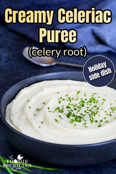 This creamy celeriac (celery root) puree is a delicious and healthy side dish that's a lower-carb alternative to classic mashed potatoes. It's the perfect side dish to elevate any meal and is an excellent addition to your holiday table. Celery Root Puree, Vegetarian Side Dish, Classic Mashed Potatoes, Celery Root, Healthy Side Dish, Vegetarian Side Dishes, Side Dishes Recipes, Holiday Side Dishes, Healthy Side