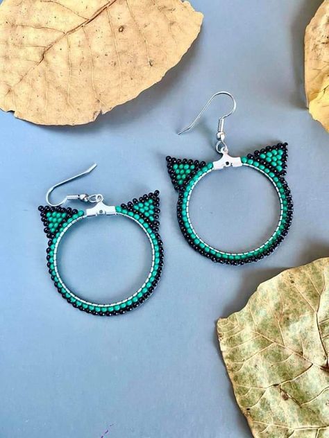 Beaded Black Cat Earrings, Zodiac Beaded Earrings, Cat Beaded Earrings, Beaded Cat Earrings, Beaded Cat, Mirror Earrings, Beaded Jewelry Earrings, Beaded Earrings Native, Beaded Earrings Diy