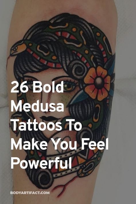 28 Bold Medusa Tattoos To Make You Feel Powerful • Body Artifact Lion Medusa Tattoo, Medusa Tattoo Shoulder Women, Medusa Tattoo On Hip, Elegant Medusa Tattoo, Stone Medusa Tattoo, Angry Medusa Tattoo, Medusa Arm Tattoos For Women, Medusa Sleeve Tattoos For Women, Medusa Tattoo Color