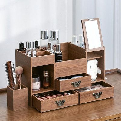 Cosmetics storage box, light luxury fashion, large capacity and multi-function, I will store your beauty | Umber Rea Multi-Layer Makeup Organizer w / Mirror Wood in Brown, Size 9.44 H x 17.44 W x 7.48 D in | Wayfair | Organization Wood Makeup Organizer, Wooden Makeup Organizer, Drawing Room Decor, Makeup Drawer Organization, Cosmetics Storage, Makeup Storage Box, Wooden Organizer, Beauty Organization, Box Light