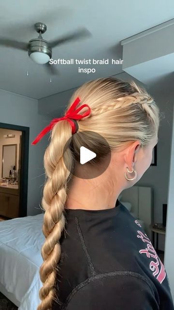 Payden Bordeau on Instagram: "The twist braids are definitely the new softball gameday hair trend!  - - #softballhair #reels #gamedayhair #hairinspo #sportyhairstyles #explore #softball #hairinspo" Softball Ponytail Hairstyles, Half Up Cheer Hair, Updo Hairstyles For Sports, Easy Preppy Hairstyles, Cute Concert Hair, Gymnast Hairstyles, Game Day Braids, Gameday Hair, Soccer Hairstyles