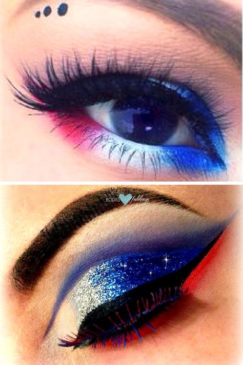 Patriotic red, white and blue 4th of July makeup tutorial. Red White Blue Eye Makeup, Fourth Of July Makeup Eye, 4th Of July Makeup Eyeshadow, Patriotic Eyeshadow, Forth Of July Makeup Eye, Patriotic Makeup, Happy Celebrations, July Makeup, 4th Of July Makeup