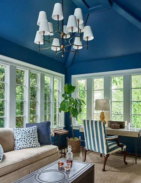 7 Beautifully Bold Blue Rooms | Caroline Brackett Design | Greenville, SC Top Kitchen Colors, Modern French Cottage, Conservatory Decor, Painted Ceilings, Raised Ranch, Blue Wall Colors, Dark Blue Walls, Sunroom Decorating, Blue Ceilings