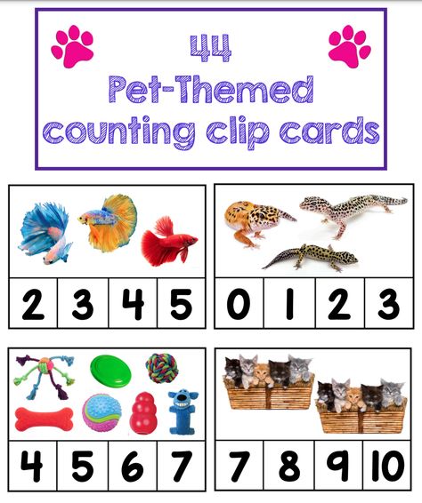 44 pet-themed counting clip cards. Real photographs of many different kinds of pets, and pet care items. Practice counting from 1-10 in different arrangements. A fun math activity to go with the Creative Curriculum Pet Study, or any pet unit. Pets Preschool Art, Pets Lesson Plan, Creative Curriculum Pets Study, Pets Theme Preschool Activities, Pet Study Creative Curriculum, Pet Activities For Preschool, Preschool Pets Unit, Pet Study, Teaching Prek