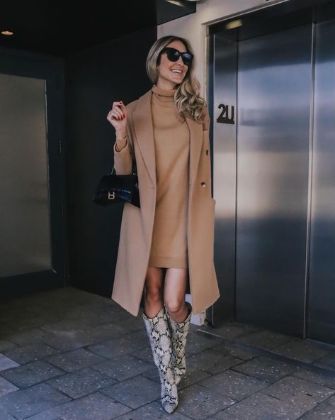 Relaxed-fit, calf-length dress in … curated on LTK Fall Color Combinations, Calf Length Boots, Camel Blazer, Snake Print Boots, Calf Length Dress, Camel Coat, Boots Outfit, Happy Monday, Wearing Dress