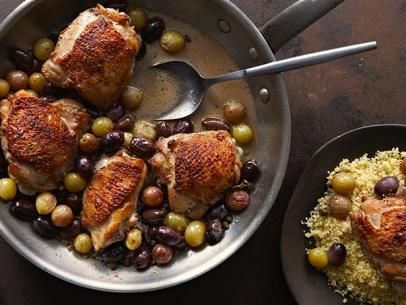 Pan Roasted Chicken Thighs with Grapes and Olives Recipe | Food Network Kitchen | Food Network Best Chicken Thigh Recipe, Pan Roasted Chicken, Chicken Receipes, Preserved Lemon, Moroccan Chicken, Roasted Chicken Thighs, Olive Recipes, Chicken Thigh Recipes, Roasting Pan