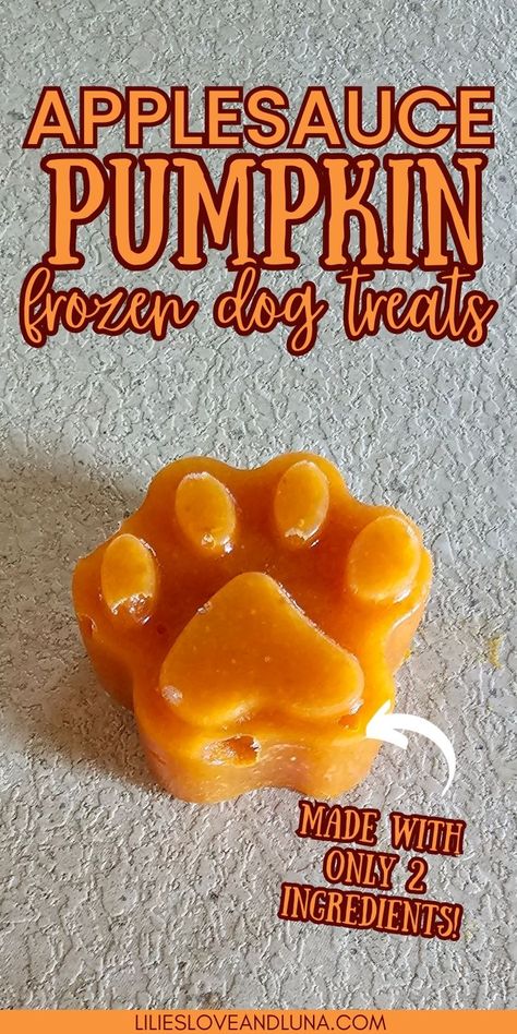 Bone shaped frozen dog treats with a text overlay that reads applesauce pumpkin frozen dog treats made with only 2 ingredients. Dog Treats Made With Pumpkin Puree, Pb Dog Treats Homemade, Dog Safe Treats, Homemade Puppy Teething Treats, Woof Pupsicle Recipes Pumpkin, Canned Pumpkin Dog Treats, No Peanut Butter Dog Treats, Dog Treats For Diabetics, Dog Freezer Treats