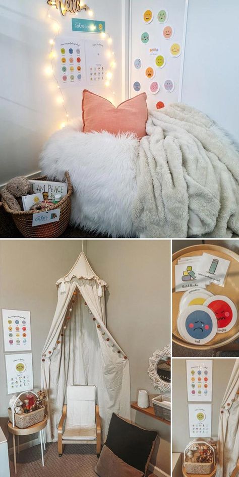 Learning emotional regulation is an important part of children’s development, but can be a tricky skill to master, specially for the littlest ones. Having a designated calm down corner in your house or classroom can be very helpful. I’m sharing a few unique calming corner ideas by our lovely customers who use our calm down corner printables in their homes. Calm Down Corner Printables, Calming Corner Ideas, Sensory Corner, Daycare Room Ideas, Cosy Reading Corner, Calm Corner, Calm Space, Calming Corner, Calm Down Corner