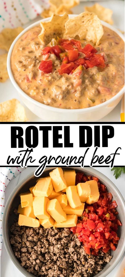 Football Food With Ground Beef, Spicy Rotel Dip With Ground Beef, Rotel With Ground Beef, Best Rotel Dip With Ground Beef, Appetizer Recipes With Ground Beef, Easy Dinner Recipe With Ground Beef, Nachos Recipe Easy Ground Beef, Baked Rotel Dip, Ground Beef And Rotel Recipes