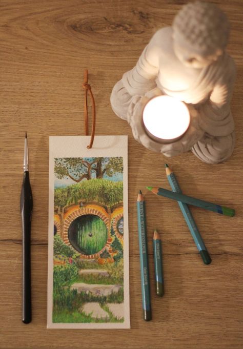 The Hobbit Bookmark, Lotr Bookmark, Hobbit Bookmark, Hobbit Village, Hobbit Art, Creative Bookmarks, Lotr Art, Hobbit Hole, Watercolor Bookmarks