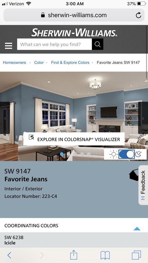 Favorite Jeans -Sherwin Williams Favorite Jeans Paint Sherwin Williams, Leisure Blue Sherwin Williams, Denim Sherwin Williams, Favorite Jeans Sherwin Williams, Sherwin Williams Favorite Jeans, Cabin Paint Colors, Magnolia Bedroom, Clare Paint, Blue Bedroom Paint