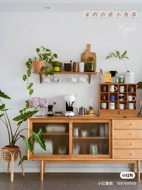 Coffee Bar Ideas For Small Kitchens, Mid Century Modern Coffee Bar Ideas, Coffee Bar Mid Century Modern, Ikea Coffee Bar Ideas, Mcm Coffee Bar, Mid Century Coffee Bar, Tea Area In Kitchen, Mid Century Modern Coffee Bar, Tea Nook