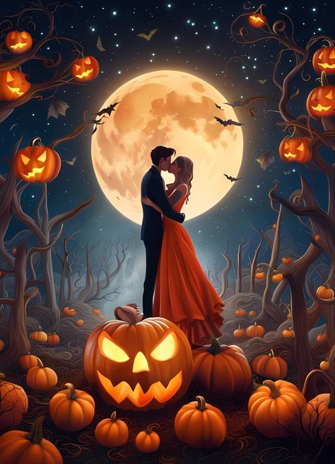 A couple kissing under the full moon on Halloween with pumpkins and Jack-o-lanterns Halloween Lockscreen, Pics Of Cute Couples, Romantic Halloween, Full Moon Halloween, Halloween Kiss, Happy Holloween, Spooky Halloween Pictures, Halloween Pics, Halloween Love