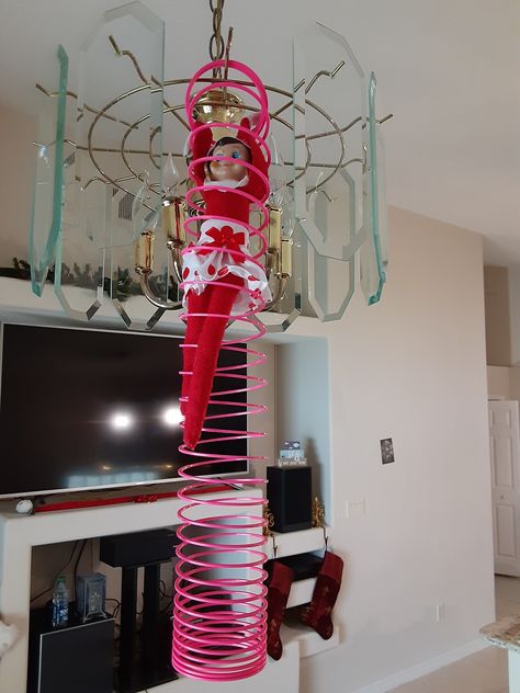 It's Slinky it's Slinky is such a wonderful toy...except when an elf on the shelf plays with it and gets stuck. Lol An Elf, Shelf Ideas, On The Shelf, Elf On The Shelf, Elf, Shelves, Toys