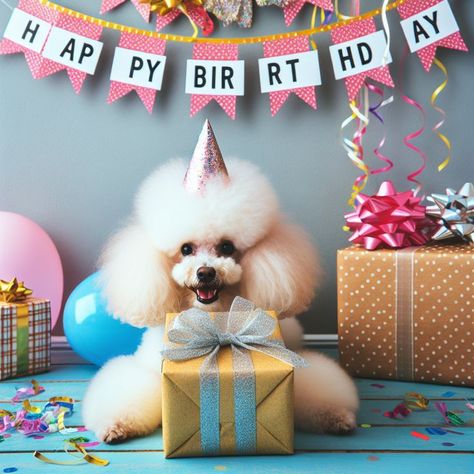 Happy Birthday Poodle Funny, A Birthday Present, Birthday Dog, Party Poppers, Saved Pins, Birthday Present, Pink Ribbon, 3rd Birthday, Birthday Presents