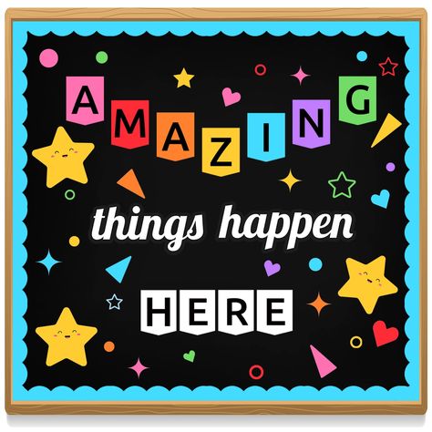 PRICES MAY VARY. 【 Bulletin Board Decoration Set 】You will receive individual letter cut-outs for the words "Amazing Things Happen Here". 3 x star, 25 x colorful classroom borders, 120 x glue dots, 100 x stickers confetti. 【 Fun and Eye Catching 】Vibrant motivational cutouts features an assortment of eye-catching colors that will brighten and liven up any setting. Create a warm and encouraging environment with this ready made bulletin board display. 【 Thoughtful Details 】 Our Classroom cutouts a Amazing Things Happen Here, Welcome Bulletin Board, Bulletin Board Wall, Bulletin Board Decoration, Welcome Bulletin Boards, Kindergarten Bulletin Boards, Bulletin Boards Classroom Decor, Teacher Bulletin Boards, Preschool Bulletin