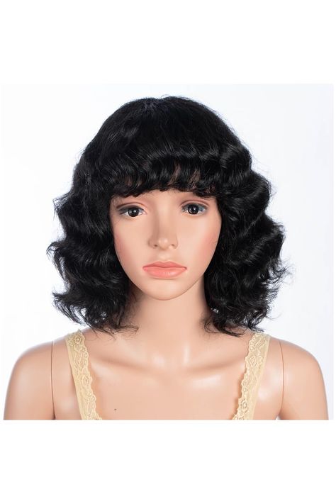 Short Curly Wig With Bangs Human Hair Natural Black Short Loose Deep Wave Wig Glueless Curly Bob Wigs For Women 150% Density (Color: 1B) Loose Deep Wave Wig, Curly Wig With Bangs, Short Curly Wig, Deep Wave Wig, Loose Deep Wave, Wig Ideas, Curly Bob Wigs, Short Curly Wigs, Wave Wig