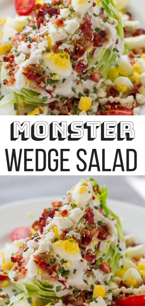 An easy clean eating Iceberg Wedge Salad Recipe with homemade low-fat blue cheese dressing and copious toppings like eggs and bacon bits is the perfect side that goes with almost any dinner. This simple crowd-pleasing salad is also perfect for bbq parties and potlucks!  #saladrecipes #dressing #cleaneating #potluckrecipes Keto Wedge Salad, Iceberg Wedge Salad Blue Cheese, Wedge Salad Dip, Wedge Salad For A Crowd, Blue Cheese Wedge Salad, Wedge Salad Recipe, Iceberg Wedge Salad, Iceberg Salad, Wedge Salad Recipes