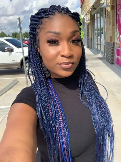 Braids With Purple Highlights, Box Braids With Purple, Purple And Blue Braids, Blue And Purple Braids, Braids With Purple, Blue Box Braids, Blue Braids, Purple Braids, Braids Styles