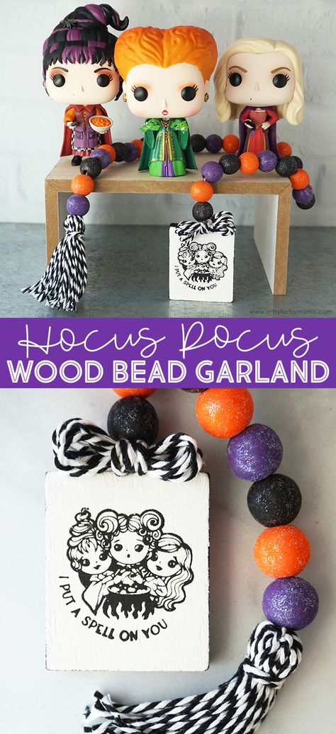 Hocus Pocus Wood Bead Garland #ikonart @ikonartstencil #hocuspocus #halloween #woodbeadgarland #diygarland #woodcrafts #halloweencrafts #diyhalloween #unicornspit #unicornspitstain #stencil #sandersonsisters #halloweendecor #easycrafts Unicorn Spit Stain, Loopy Bow, Black Chalk Paint, How To Make Stencils, Wood Tags, Custom Stencils, Wood Bead Garland, White Acrylic Paint, Diy Garland