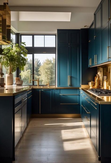 Peacock Blue and Gold Kitchens: A Bold and Chic Combination Deep Teal Kitchen, Navy And Gold Kitchen, Teal Kitchen Cabinets, Gold Accent Wall, Navy Blue Kitchen, Navy Kitchen, Teal Kitchen, Gold Fixtures, Gold Kitchen