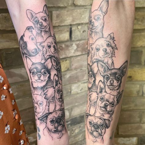 Kerrie Em Hibbert on Instagram: “Ultimate dog mumma goals 🐾 I had the best day immortalising Michelle’s doggos. Pet portraits are always a solid favourite of mine 🖤 • • •…” Dog Sleeve Tattoo, Simple Cat Tattoo, Portrait Tattoo Sleeve, Dog Portrait Tattoo, Baby Tattoo Designs, Pawprint Tattoo, Leg Sleeve Tattoo, Different Tattoos, Memorial Tattoos