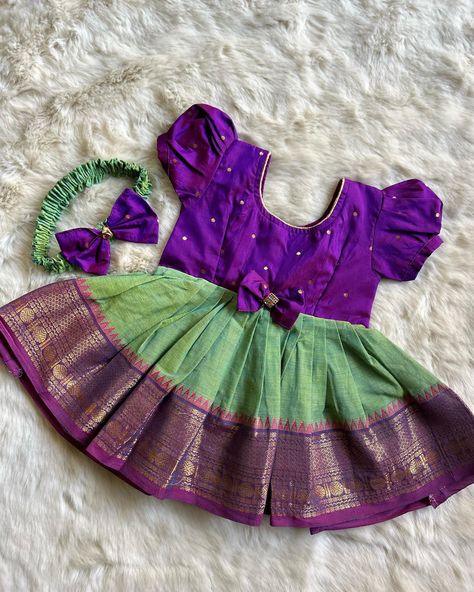 For the next festival, temple visit, wedding and special occasions! Have it all sorted Pleasant Green - Kanchi Cotton Silk Ethnic Wear for Baby Girl Instock: 0-2 Years www.babynmeindia.com 🔎KCGREPURFRO Ethnic Dress For Baby Girl, Ethnic Wear For Baby Girl, Baby Girl Frock Designs Cotton, Girl Frock Design Cotton, Frocks For Babies, Kids Dress Wear, Baby Frock