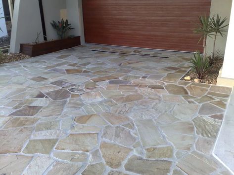 Sandstone Patio, Patio Paving, Indian Sandstone, Outdoor Paving, Crazy Paving, Exterior Tiles, Sandstone Paving, Stone Wall Cladding, Patio Fireplace