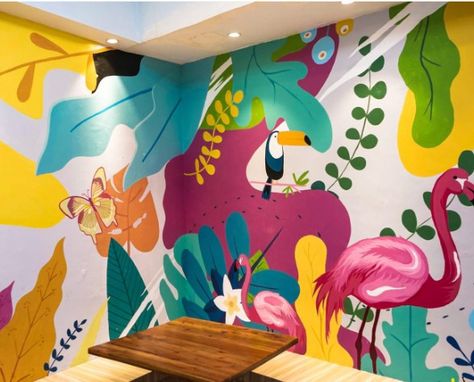 Wall Mural Colorful, Summer Mural, Flamingo Mural, Bird Mural, Tropical Mural, Kids Room Wall Murals, Toucan Art, Beach Mural, Pop Art Decor