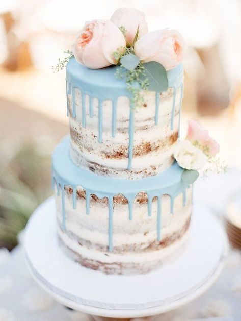 Dripping Blue Icing Wedding Cake | A semi-naked two-tier cake is decorated by Sasselina Sweets with some gorgeous pink flowers and beautiful pale blue dripping icing. #Wedding #Cakes #WeddingCake #WeddingCakes #WeddingCakeIdeas #WeddingCakeInspiration Fall Brunch, Wedding Brunch, Torte Cupcake, Vegan Brunch, Naked Cakes, Tiered Cake, Cake Trends, Layer Cakes