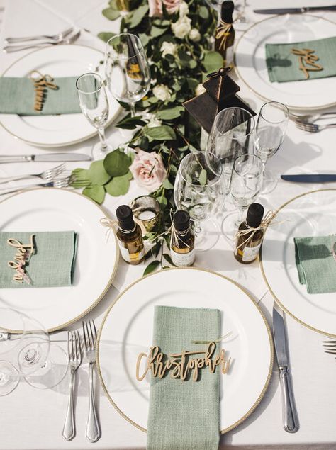 Name On Plate Wedding, Sage Green And Gold Wedding Place Settings, Gold Rimmed Plate Table Setting, Mint Green Table Setting, Blush And Sage Wedding Table Settings, Names On Plates Wedding, Name Plates For Wedding Table Settings, White And Sage Wedding Table Setting, Wedding With Green Accents