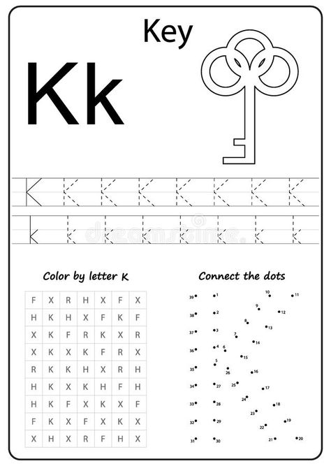 Writing letter K. Worksheet. Writing A-Z, alphabet, exercises game for kids. royalty free illustration Letter K Worksheets Kindergarten, Letter K Worksheets For Preschoolers, Letter K Activities For Preschool, Letter K Worksheet, Alphabet Exercise, Letter K Words, Letter K Worksheets, Letter Writing For Kids, Letters Illustration