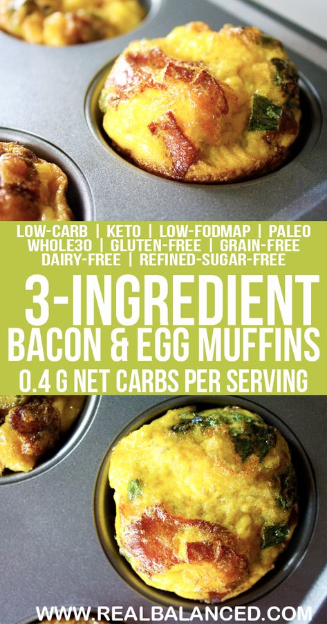 3-Ingredient Bacon & Egg Breakfast Muffins: low-FODMAP, paleo, keto, Whole30 compliant, low-carb, gluten-free, grain-free, dairy-free, and sugar-free! 0.4g net carbs per serving! Bacon Egg Breakfast, Egg Breakfast Muffins, Keto Breakfast Muffins, Bacon Eggs Breakfast, Cena Keto, Comidas Keto, Salad Buah, Egg Diet Plan, Vegan Muffins