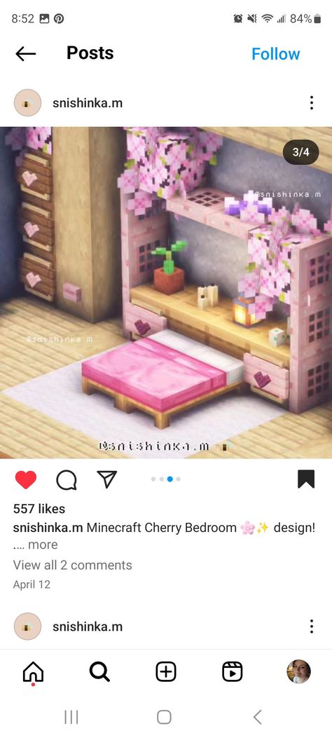 Cute Minecraft Interior Design Bedroom, Minecraft Pink Bedroom Ideas, Minecraft Bed Designs Pink, Cherry Blossom Living Room Minecraft, Girly Minecraft Builds Interior, Minecraft Bed Ideas Pink, Pink Bed Minecraft, Cherry Bed Minecraft, Minecraft Sink Ideas