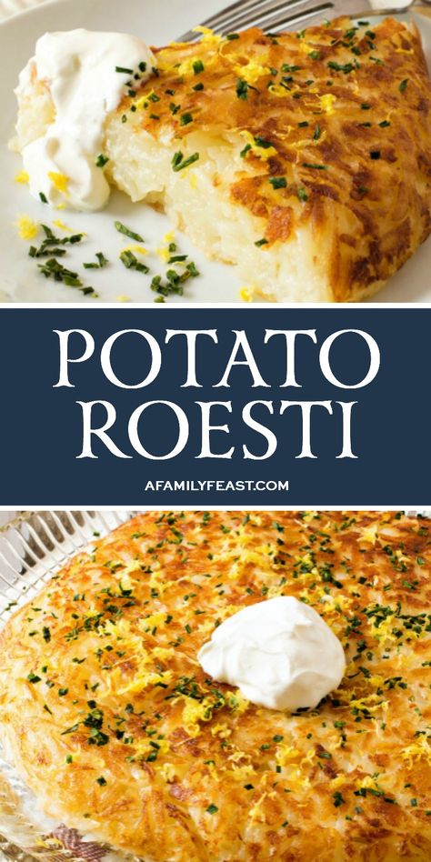 Potato Roesti are delicious with eggs for breakfast, or served as a side dish for any meal. Vegetarian Breakfast Recipes Healthy, Potato Rosti Recipe, Rosti Recipe, Family Feast Recipes, Feast Recipes, Potato Side Dish, Eggs For Breakfast, Breakfast Crockpot Recipes, Healthy Brunch Recipes