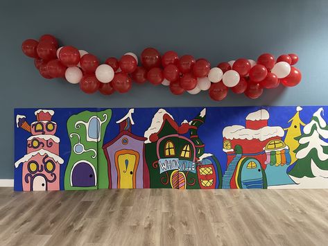 Who Ville Houses, Whoville Village Display, The Grinch Hallway Decorations School, Whoville Christmas Door Decoration, Whoville Hallway Decorations School, Whoville Window Painting, Whoville Hallway Decorations, Whoville Classroom Door, Whoville School Hallway